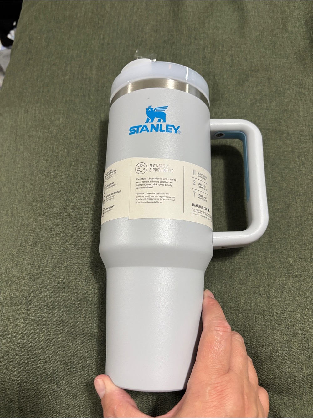 Stanley gray Travel Mug with Handle and Blue Logo